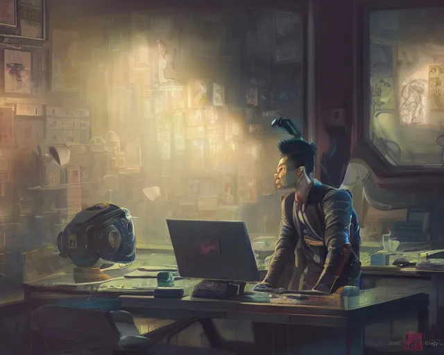 Image similar to an insanely detailed painting of a asian man wearing a superhero costume, sitting at a desk, staring at the nervously at the computer and typing, in the style of peter mohrbacher, dramatic lighting and composition, surreal background, octane render, pixar, trending on artstation, concept art, comic book, view from behind