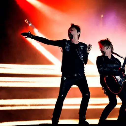 Prompt: matt bellamy from muse and james hetfield from metallica playing on stage, 2 0 1 5 live music video