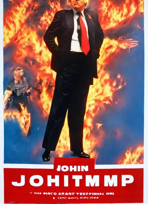 Image similar to an 8 0's john alvin action movie poster of donald trump starring in trumpster fire. explosions.