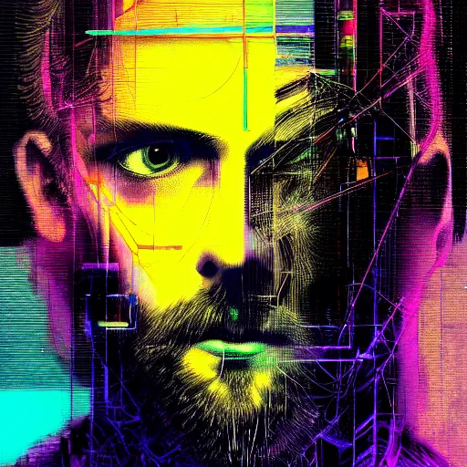 Image similar to hyperrealistic portrait of a cyberpunk character, adult man, long hair, glitch eyes, by Guy Denning, Johannes Itten, Derek Gores, Russ Mills, glitch art, smooth lines, fine detail, polished, complex, hacking effects, holographic, digital tech effects, blue and violet, color blocking!, realistic, acrylic on canvas, concept art, abstract!, symmetrical, 8k, concept art, octane, photorealistic, cgsociety, trending on artstation
