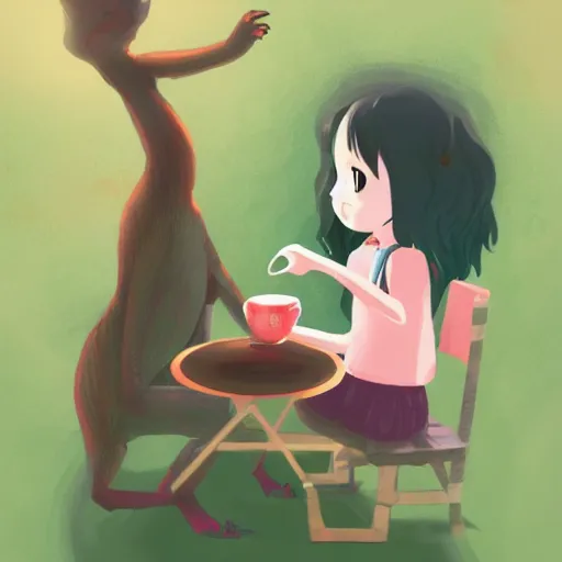 Image similar to little girl drinking tea with a friendly cryptid, digital art, colorful, artstation, studio ghibli