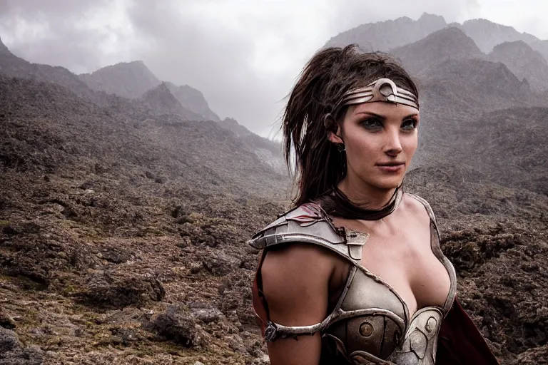 Image similar to portrait of beautiful armored orc woman, rocky terrain by Emmanuel Lubezki