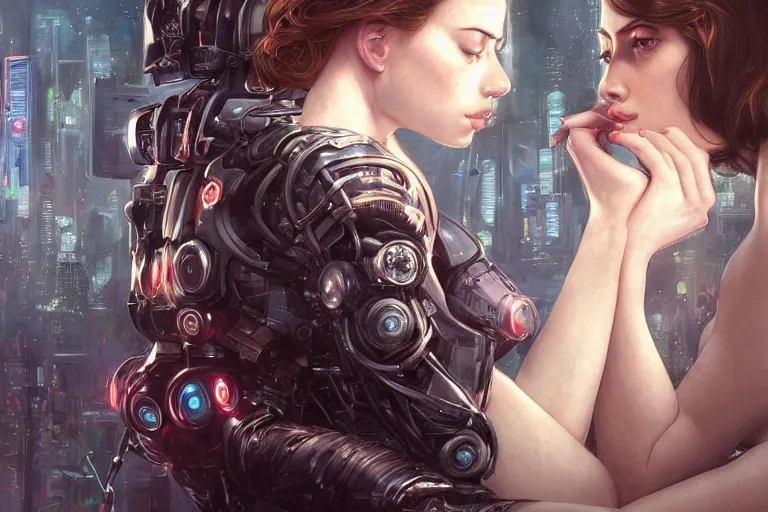 Prompt: Ultra realistic illustration, two women (Anne Hathaway and Scarlett Johansson) seducing a robot, cyberpunk, sci-fi, fantasy, intricate, elegant, highly detailed, digital painting, artstation, concept art, smooth, sharp focus, illustration, art by artgerm and greg rutkowski and alphonse mucha