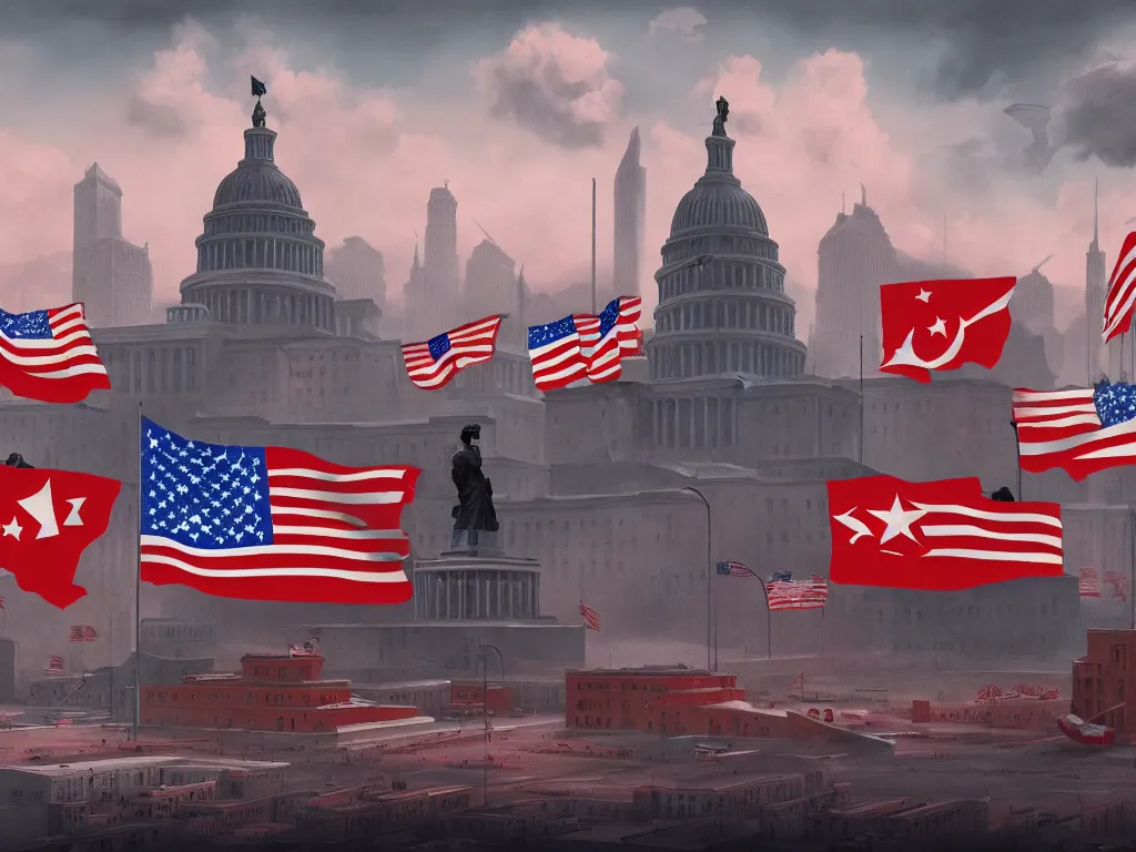 Image similar to landscape matte painting of a communist american state capital showing the triumph of communism in america, socialist american state flags, socialist statues, digital painting, modern city scape, conflict, camaraderie, sacrifice, hope, highly detailed, 4 k, artstation, photorealistic, architecture, america 2 0 9 8 by fan wennan