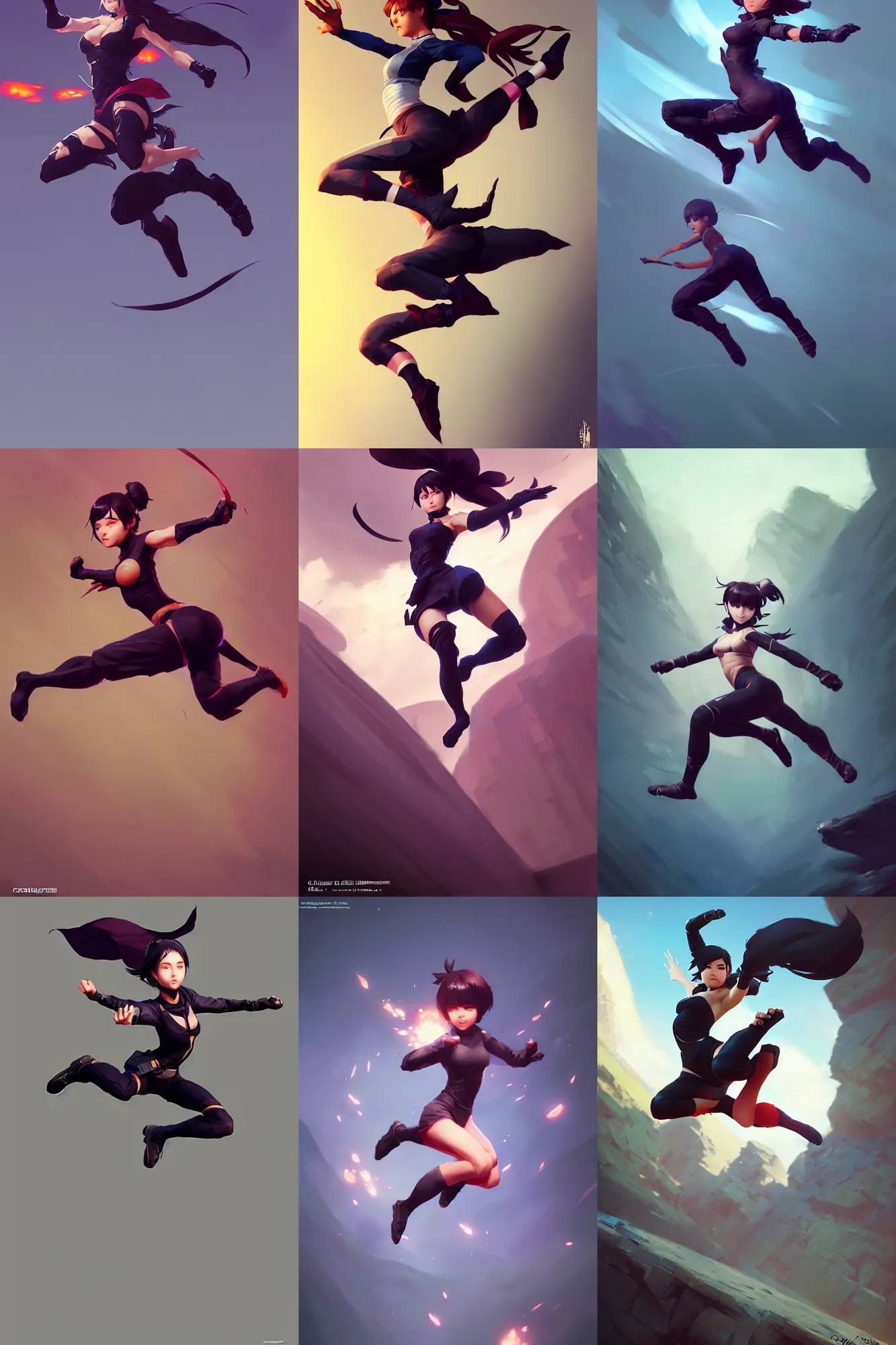 Prompt: ninja girl jumping by Craig Mullins, ilya kuvshinov, rossdraws, artgerm, krenz cushart, sakimichan, full body, trending on artstation, unreal engine
