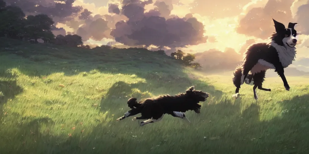 Image similar to border collie chasing sheep on feld nime key visual of luffy studio lit directed gaze, trending on pixiv fanbox, painted by greg rutkowski makoto shinkai takashi takeuchi studio ghibli