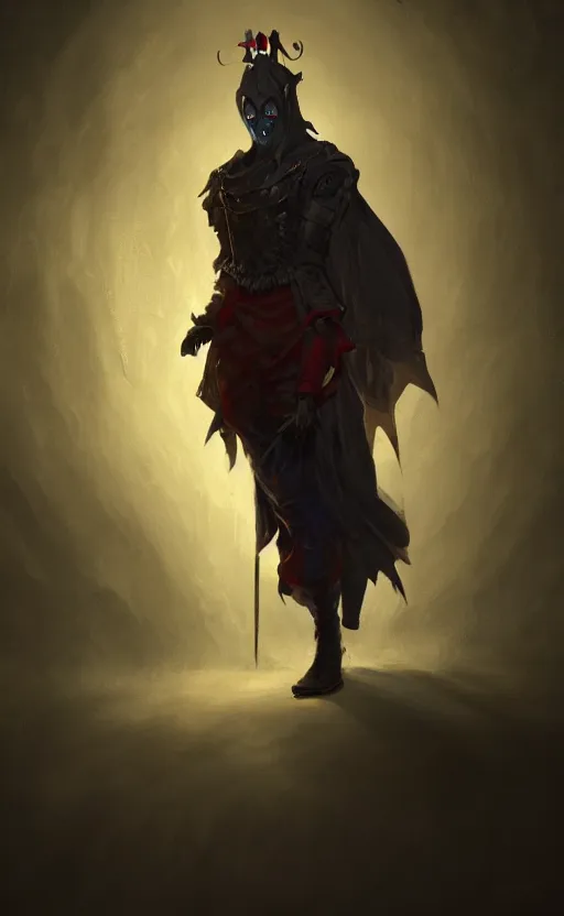 Image similar to full body portrait of villainous male jester, dark, twisted. musular. medieval. highly detailed, cinematic lighting, digital art painting by greg rutkowski, trending on artstation