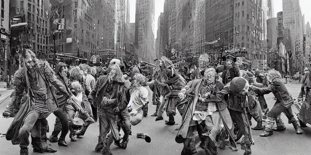 Prompt: hobbits rioting in the streets of new york, surrealism aesthetic, detailed facial expressions