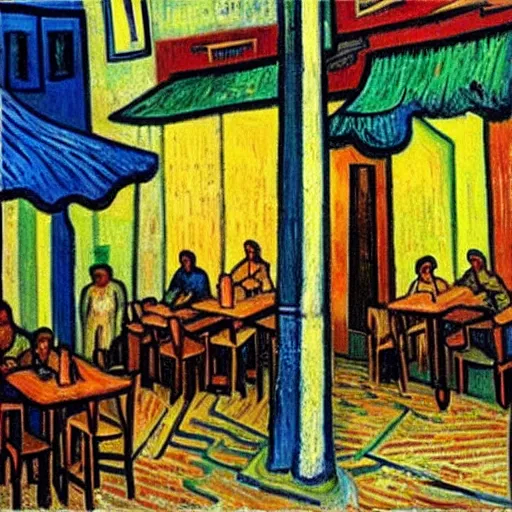 Image similar to “a sunlit cafe in Tel Aviv, busy, happy, in the style of Vincent Van Gogh”