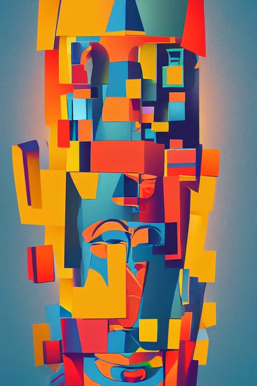 Image similar to cubist moai statue cutout digital illustration cartoon colorful beeple