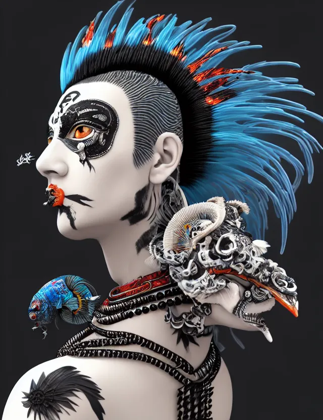 Image similar to 3 d goddess close - up profile portrait punk with mohawk with ram skull. beautiful intricately detailed japanese crow kitsune mask and clasical japanese kimono. betta fish, jellyfish phoenix, bio luminescent, plasma, ice, water, wind, creature, artwork by tooth wu and wlop and beeple and greg rutkowski