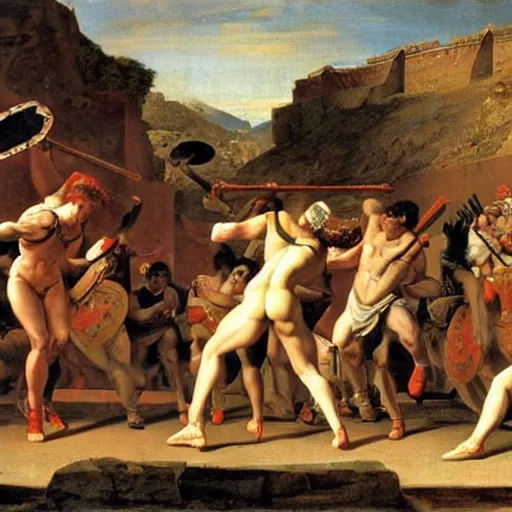 Prompt: muscular warrior women, spartan warrior women, clashing in gladiatorial arena, roman coliseum, roman emperor watching, art by jacques - louis david