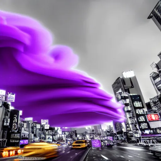 Prompt: A photograph of two extremely beautiful amazing purple tornados entering tokyo award-winning UHD 4K