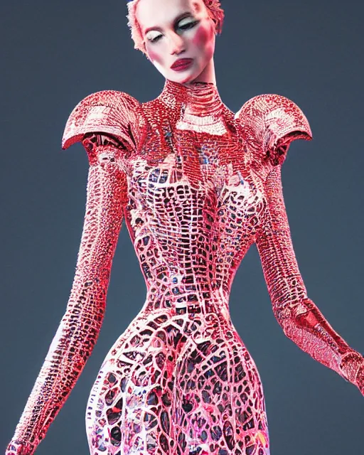 Image similar to a beautiful hyperrealistic ultradetailed, one model a magnificent McQueen couture bright clothes, photo studio, studio photography, studio light, photo for magazine, Designer clothes, futuristic clothes, voge photo, fashion style