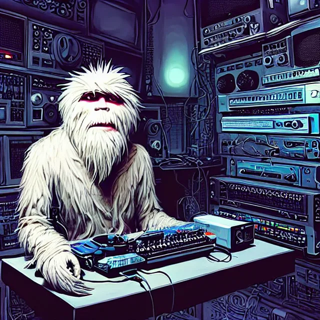 Image similar to a portrait of an anthropomorphic cyberpunk yeti podcasting while working in his secret electronics lab, detailed render, tape deck, microphone, boombox, headphones, epic composition, cybernetics, 4 k realistic, cryengine, realistic shaded lighting, sharp focus, masterpiece, by matteo scalera, gary montalbano, peter elson in the style of the tokyo ghost comic