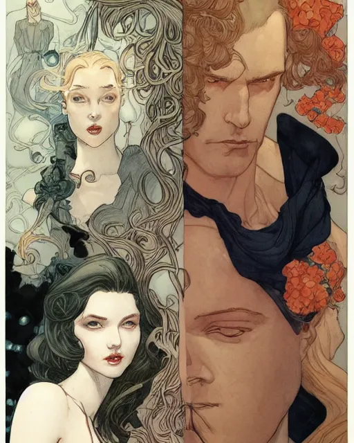 Image similar to a handsome man and a beautiful woman back to back artwork by james jean, Phil noto and rebecca guay