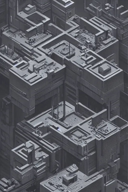 Prompt: Isometric landscape of a dull, incoherent, escher, monochromatic, dystopian, dreadful, sad cyberpunk city illustrated by Greg Rutkowski, trending on artstation, artstationHD, artstationHQ, 4k, 8k.