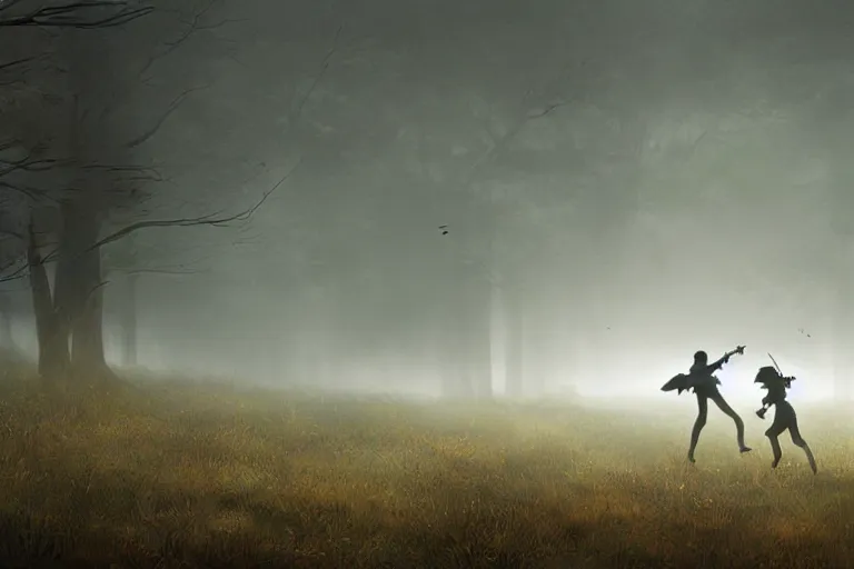Image similar to two silhouettes fighting each other on foggy moody battlefield, photorealistic, bokeh, by greg rutkowski