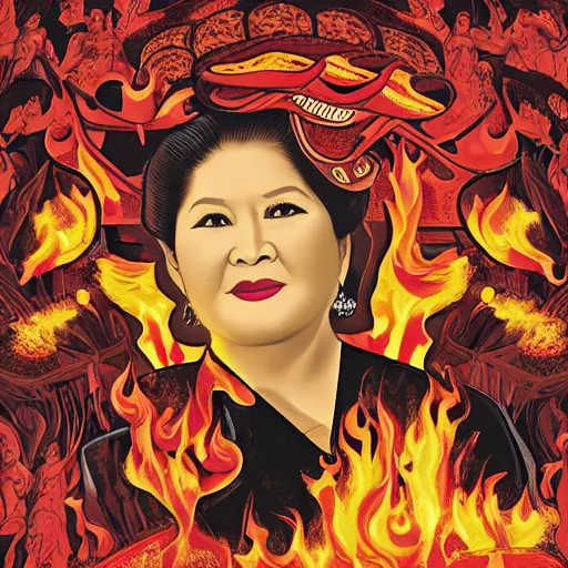 Prompt: imelda marcos burning in hell