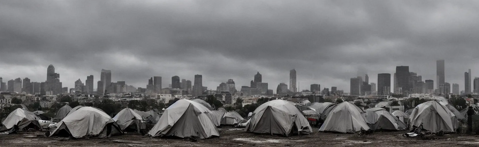 Image similar to cloudy, grey skies, american knights, tent camp in foreground, fortress city of office buildings in background upon hill, post apocalyptic, grungy