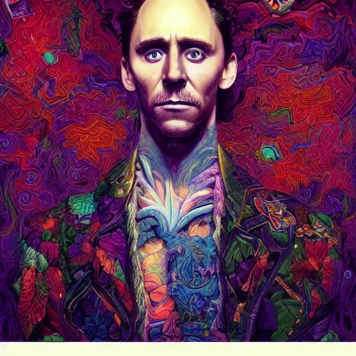 Image similar to portrait of tom hiddleston, hyper detailed masterpiece, neon floral pattern, jean giraud, digital art painting, darkwave goth aesthetic, psychedelic, artgerm, donato giancola and tom bagshaw