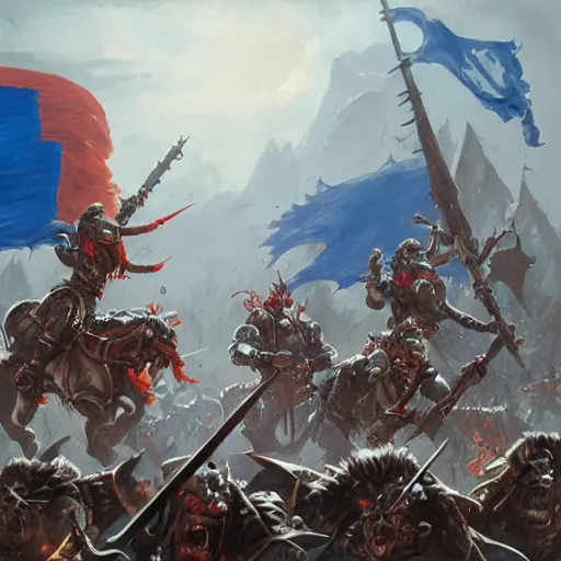 Image similar to Orcs from Warhammer Fantasy with Russian flags are charging by Greg Rutkowski