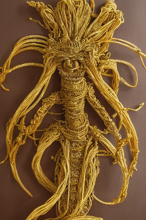 Image similar to ancient egyptian spaghetti god, holy regal spaghetti creature, intricate statue, gold, spaghetti face, detailed realistic painting, 4 k