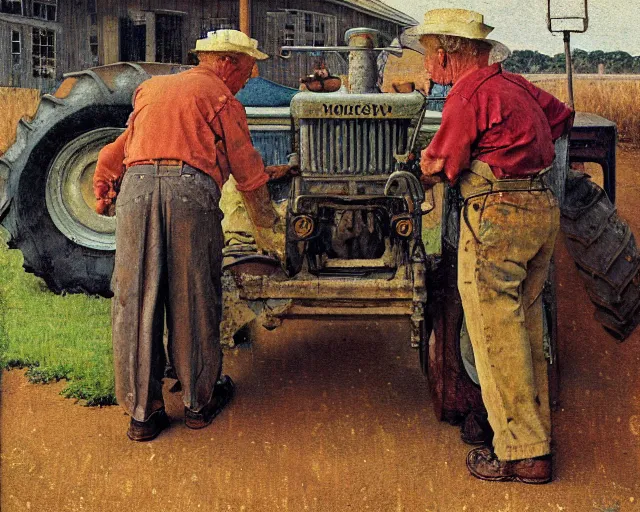 Image similar to high quality high detail painting by norman rockwell, hd, old man on tractor, muted pastel colors, photorealistic lighting