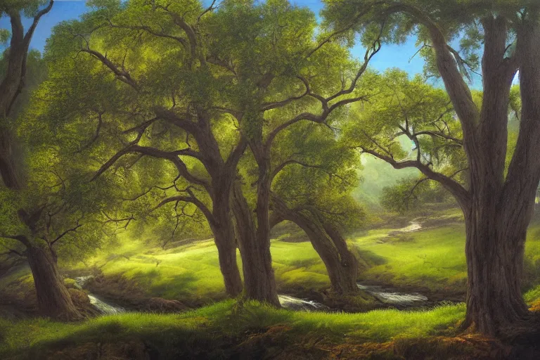 Image similar to masterpiece painting of oak trees on a hillside overlooking a creek, dramatic lighting