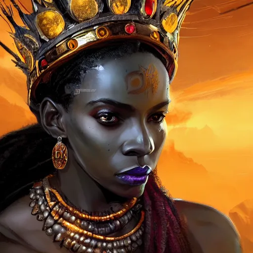 Prompt: a dark and ominous african queen with glowing eyes and a golden crown with a ruby and a black diamond in her forehead, spirits float in the background, Apex Legends character digital illustration portrait design, by android jones and greg rutkowski in a cyberpunk voodoo style, detailed, cinematic lighting, wide angle action dynamic portrait