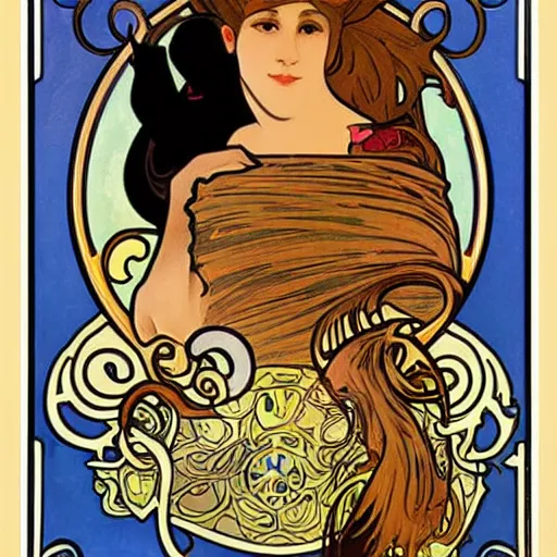 Image similar to a cat in the style of alphonse mucha