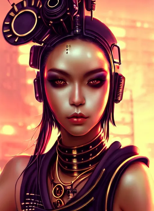 Image similar to soft lustrous ebony geisha seductive raver gutter punk steampunk cyborg, golden ratio, details, scifi, fantasy, cyberpunk city, intricate, decadent, highly detailed, octane render, digital painting, artstation, concept art, sharp focus, illustration, art by artgerm, loish, wlop