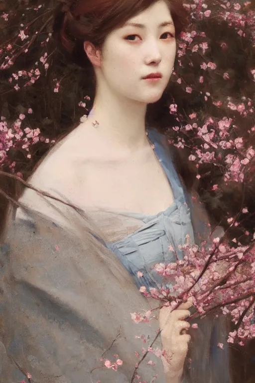 Image similar to Solomon Joseph Solomon and Richard Schmid and Jeremy Lipking victorian genre painting full length portrait painting of a young beautiful woman from japan with cherry blossoms and cherry trees