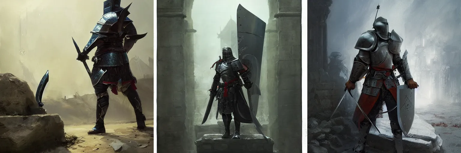 Prompt: A lone knight in front of a stone tomb with a sturdy shield and shiny sword by ruan jia