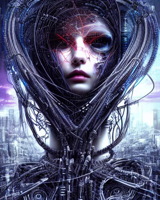 Image similar to portrait photo of an aesthetic biomechanical cyborg plugged into a quantum computer with cables and wires and optic fibers. cyberpunk horror style. art by luis royo. highly detailed 8 k. intricate. nikon d 8 5 0 5 5 mm. award winning photography.