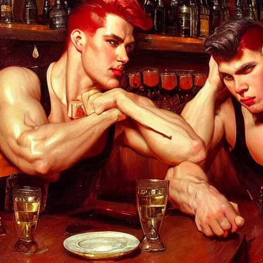 Image similar to attractive muscular male with red hair and muscular attractive male with black hair, drinking their hearts out, in a pub. very defined and highly detailed painting by j. c. leyendecker, gaston bussiere, craig mullins 8 k