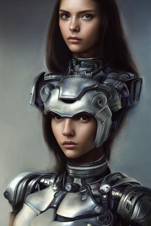 Prompt: a photorealistically painted portrait of an attractive young girl, partially clothed in cybernetic battle armor, with an abstractly painted background, flawless olive skin, fair complexion, long dark hair, beautiful bone structure, perfectly symmetric facial features, perfect photorealistic eyes, natural physique, intricate, elegant, digital painting, concept art, finely detailed, beautifully illustrated, sharp focus, minimal artifacts, volumetric lighting, from Metal Gear, by Ruan Jia and Mandy Jurgens and Artgerm and William-Adolphe Bouguerea, in the style of Greg Rutkowski, trending on Artstation, award winning art
