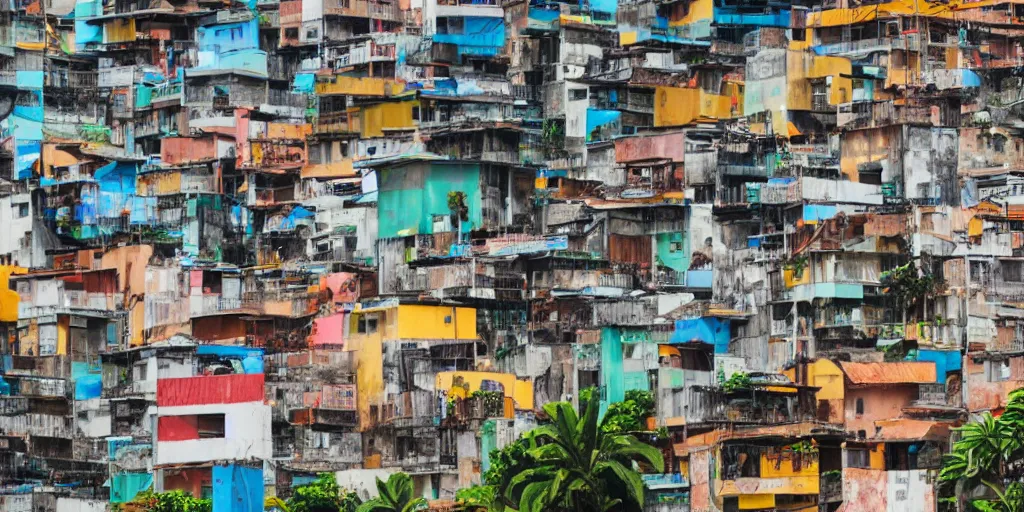 Image similar to photo of rio de janeiro favela being invaded by armed aliens, photorealistic, warm colors, tranquil, peace, happy rocinha