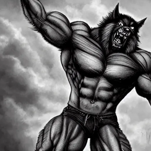 Prompt: a steroids werewolf with absurdly big muscles, intense expression, epic, high detail, photography