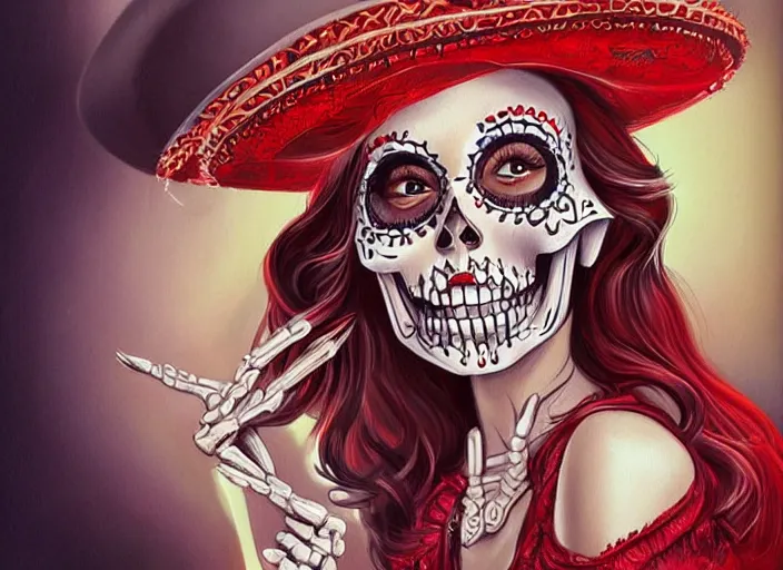 Prompt: cute & beautiful smiling mexican undead skeleton girl wearing a sombrero and a wide red dress, digital art, fantasy, painting, pin up, highly detailed, art by artgerm