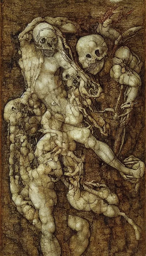 Image similar to life and death mixing together, by leonardo da vinci