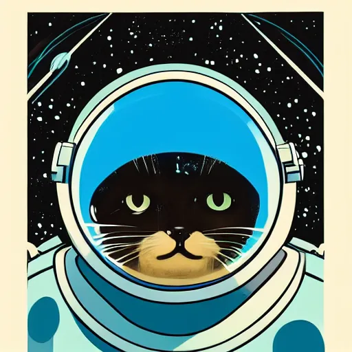 Prompt: symmetrical reflections, cat in space helmet by Eli Mendelson and Jenn Martin james gurney artstation trending artist in the style of studio Ghibli and 1960s americana Comics, HQ 8k scan