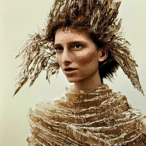 Image similar to full shot of a regal brown woman wearing an intricate armor made of many layers of ice. no makeup!! freckles!! haunting eyes. vulnerable. fragile. ethereal. elaborate. ice caves. glaciers. refracted light. extremely soft lighting. textures. delicate. translucent. by ray cesar. by louise dahl - wolfe. by andrea kowch. surreal photography.