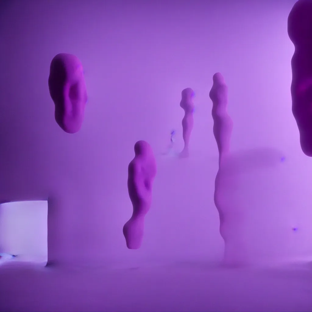 Image similar to cinestill of a giant form made of purple wax float through the living room and purple foam film still from the movie directed by david lynch with art direction, 8 k, hd, high resolution, 3 5 mm, f / 3 2, ultra realistic faces, lost highway
