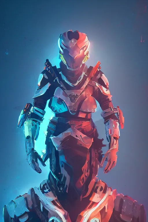 Image similar to combination suit armor aloy horizon forbidden west horizon zero dawn radiating a glowing aura global illumination ray tracing hdr fanart arstation by ian pesty and alena aenami artworks in 4 k tribal robot ninja mask helmet backpack