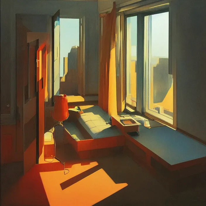 Prompt: waking up in the morning and the sun is shining through the window, science fiction, Edward Hopper and James Gilleard, Zdzislaw Beksinski, highly detailed