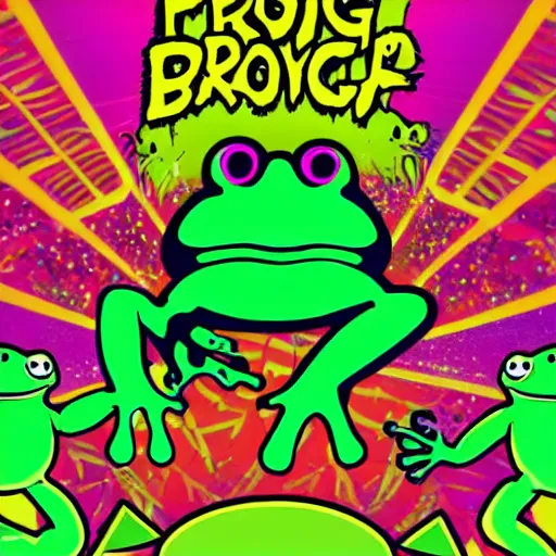 Image similar to frog rave poster, large bullfrog DJ, lots of frogs dancing on drugs, psychedelic, bright lights, loud music, intense club, cartoon, no text