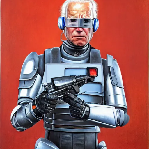 Prompt: joe biden as robocop, realistic oil painting, style of norman rockwell, 8 k, super sharp, ultra detail, rule of thirds,