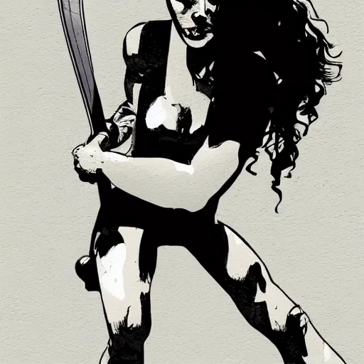 Prompt: A digital illustration of a woman holding a machete, by Frank Miller, trending on ArtStation,
