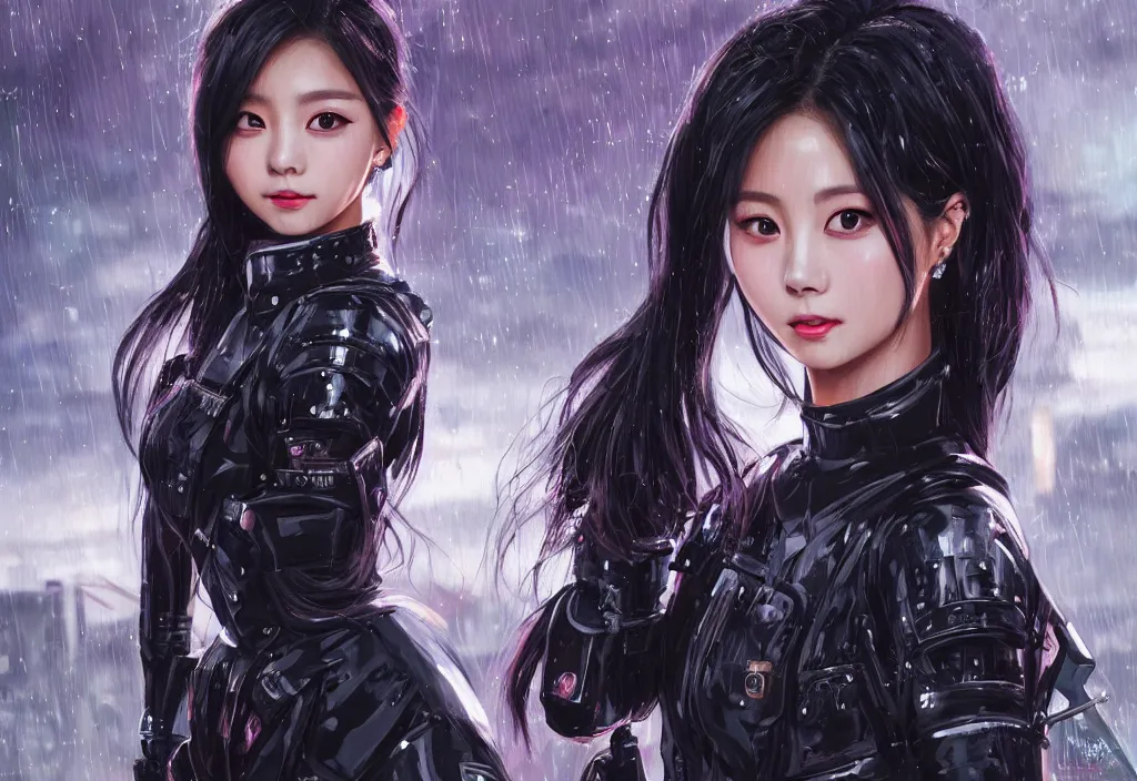 Image similar to portrait tzuyu from twice + black hair of futuristic female police, black armored uniform, at rooftop futuristic colorpunk tokyo rainy night, ssci - fi and fantasy, intricate and very very very beautiful, highly detailed, digital painting, artstation, concept art, smooth and sharp focus, illustration, art by tian zi and wlop and alphonse mucha